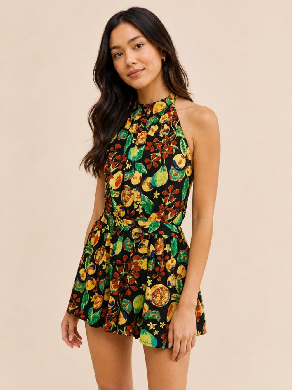 Free People Coral Tides Romper- Fruit Print Halter Romper. Size small